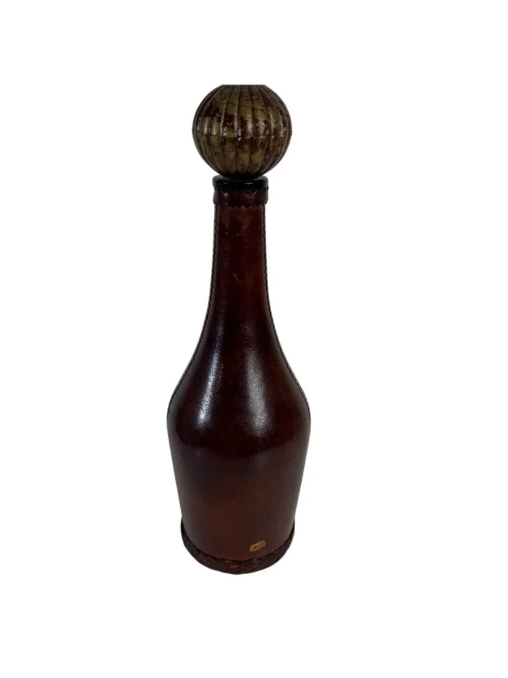 Italian Leather Covered Decanter Bottle Globe Stopper VTG MCM Barware Decor